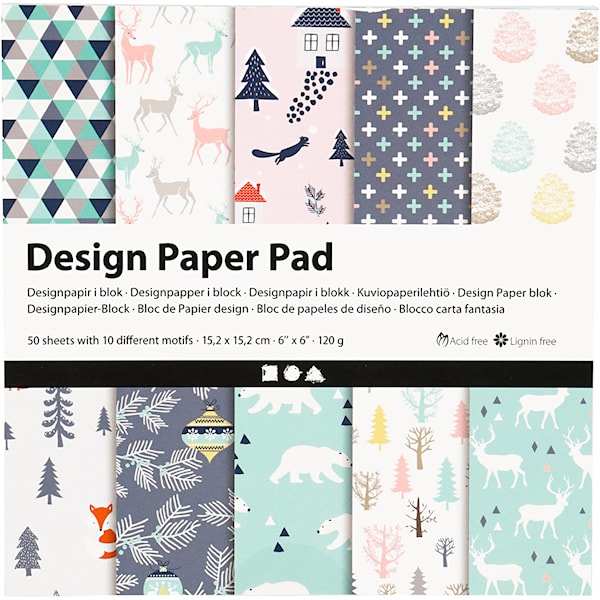 Designpapir i blokk, ark 15,2x15,2 cm, 120 g, lys grønn, rosa, hvit, 50 ark/ 1 pk.