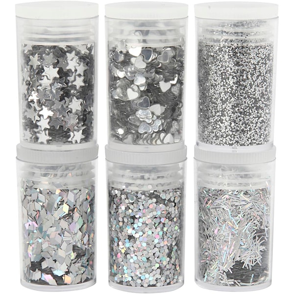 Biologisk nedbrytbart glitter og paljetter, sølv, 6x7 ml/ 1 pk.