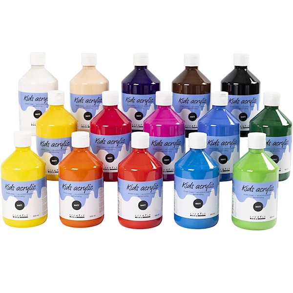 Akrylmaling A-Color 02 - mat, 15 flasker a 500 ml i forskellige farver