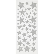 Glitterstickers, ark 10x24 cm, ca. 110 stk., sølv, stjerner, 2ark