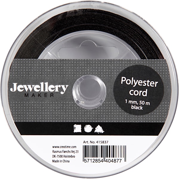 Polyester-snor, tykkelse 1 mm, svart, 50 m/ 1 rl.