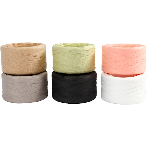Raffia Papirgarn, B: 7-8 mm, ass. farger, 6x100 m/ 1 pk.