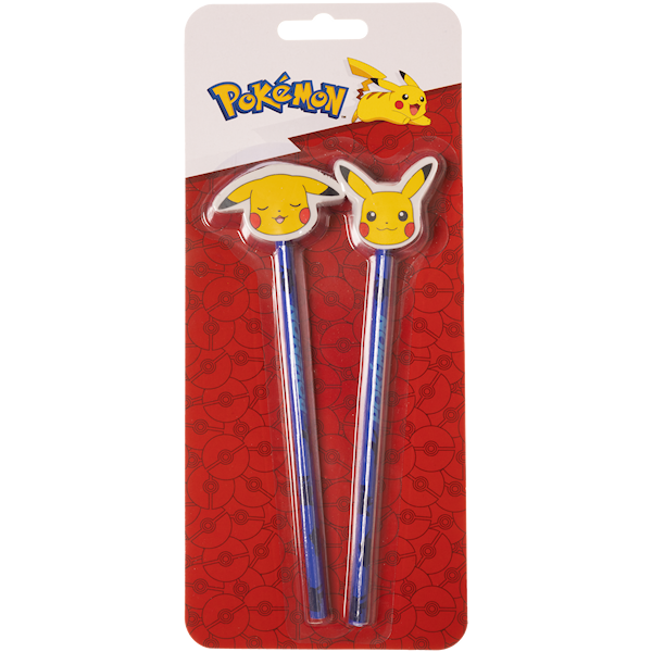 Euromic POKÉMON 2-pack pencils w/2 eraser toppers - triangular pencils unsharpened each with eraser topper packed on blistercard w/eurohole CE & 0-3 years pictogram