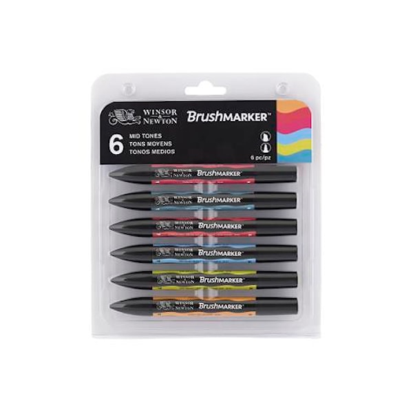 Markørpenn Winsor & Newton BrushMarker Mid Tones Sett 6 pack