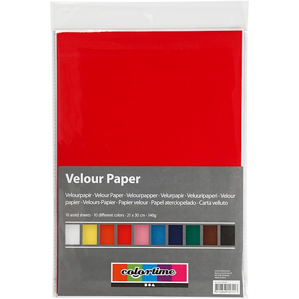Velourpapir, ass. farger, A4, 210x297 mm, 140 g, 10 ark/ 1 pk.