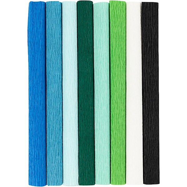 Kreppapir, ark 25x60 cm, Strekk-/krep: 180%, 105 g, blå/grønn harmoni, 8 ark/ 1 pk.