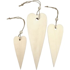Puukoristeet, korkea sydän, Kork. 12+16+20 cm, paksuus 5 mm, 3 kpl/ 1 pkt