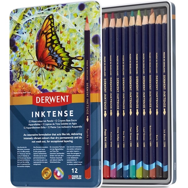 Fargeblyanter Inktense 12-pakning i metallboks Derwent