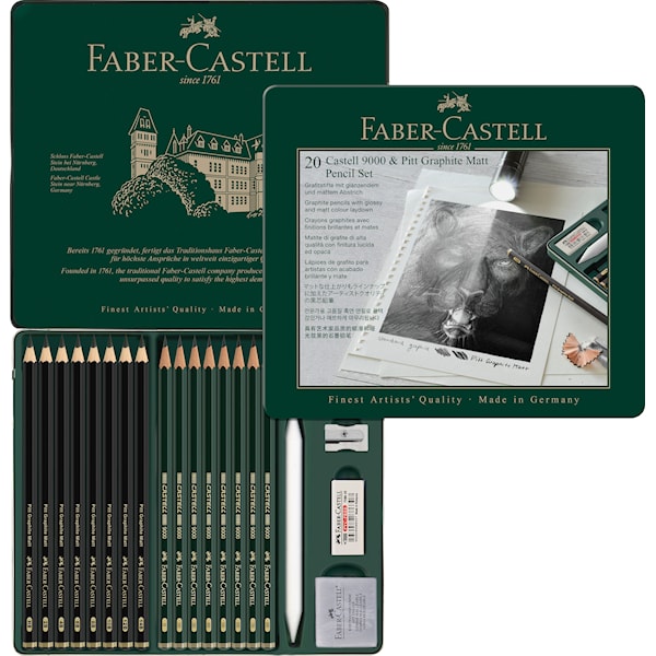 Set med Pitt Graphite Matt + Castell 9000 med tillbeh&ouml;r 20 delar Faber Castell