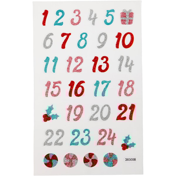 Glitterstickers, kalendertall, ark 10x16 cm, 1 ark