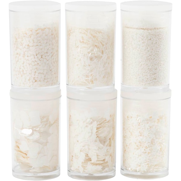 Biologisk nedbrytbart glitter og paljetter, sølv, hvit, 6x7 ml/ 1 pk.
