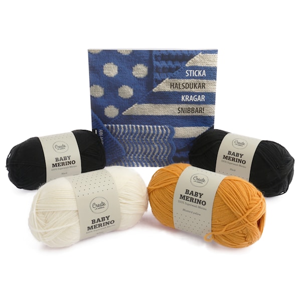 Strikke med Baby Merino Svart, Hvit og Sennepsgul