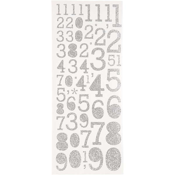 Glitterstickers Siffror, 10x24 cm, 2 ark, silver