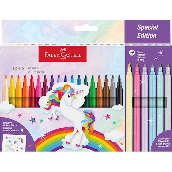 Tuschpenna Castle Unicorn 18+6 st glitterpennor Faber Castell