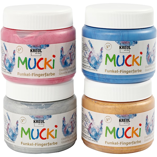 Mucki Fingermaling, metallic blå, metallgull, metallic rosa, metallsølv, 4x150 ml/ 1 pk.
