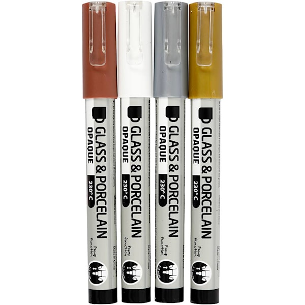 Glass- og porselenstusj, strek 1-2 mm, semi opaque, brun, gull, sølv, hvit, 4 stk./ 1 pk.