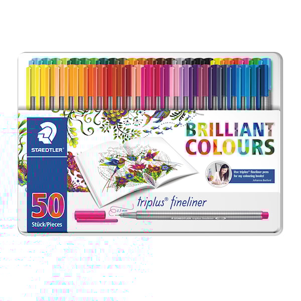 Triplus® fineliner, 50-pack, Metallboks, 0,3 mm fiberspiss, Johanna Basford