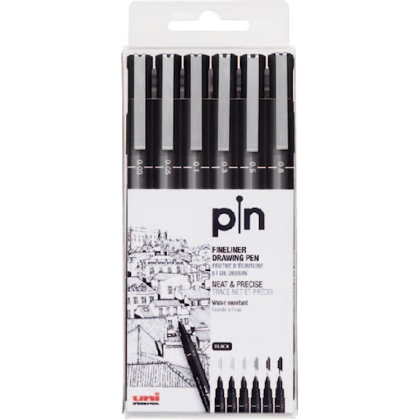 Fineliner Uni Pin 200 Svart 6-p, Uni-Ball