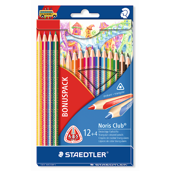 Noris Club® 16-pk trekantet trefargeblyanter. Kjøp 16 betal for 12. BONUSPAKKE