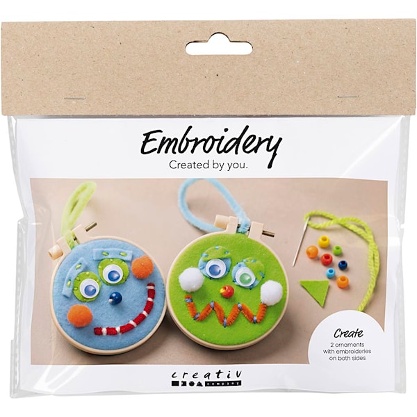 Mini DIY Kit Brodering, Ansikter, blå, grønn, 1 pk.