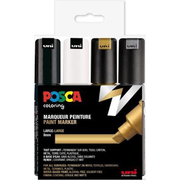 Posca Marker Set 4-p Svart Vitt Guld Silver PC-8K Spets 8 mm