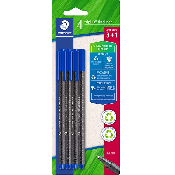 Staedtler Triplus, Blå, Fint, Blå, Grå, Polypropylen (PP), Resirkulert plast, Trekant, Vann-basert blekk