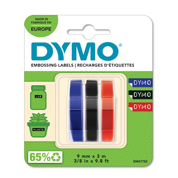 Dymo Teip For Etiketter 9mm X 3m Mixed (sort, Blå, Rød) 3 Stk.