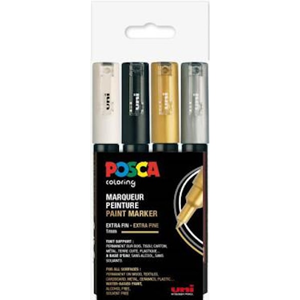 Posca Marker Set 4-p Svart Hvitt Gull Sølv PC-1MR Spiss 0,7 mm