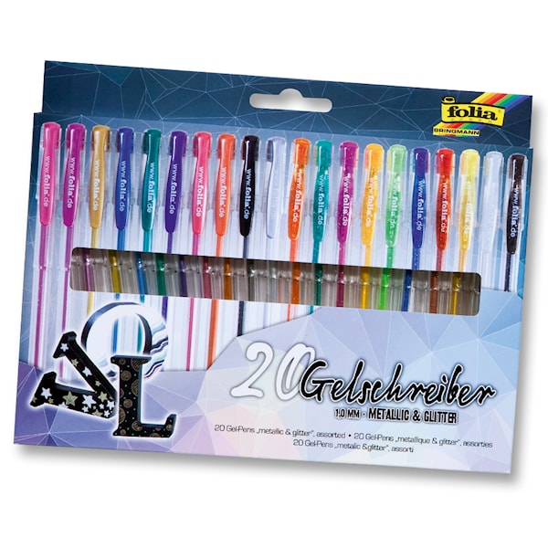 Black Style, "metallisk / glitter", 20 gel-penner, div. Farger
