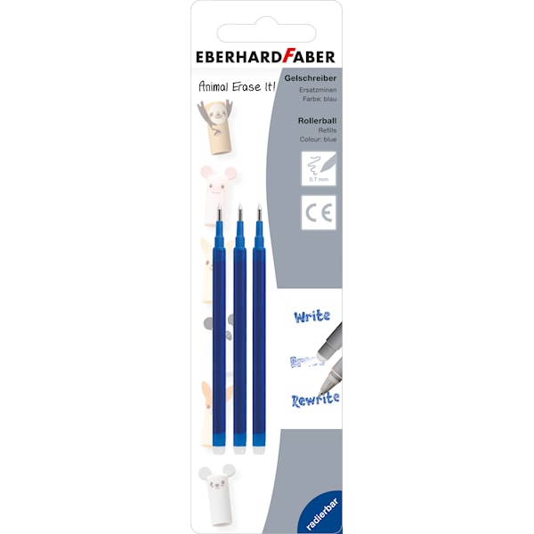 Refill til gelpenner Animals Erase it! Blått blekk 3-pack Faber Castell