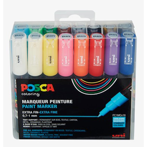 POSCA PC-1M, Flerfarget, Flerfarget, 16 farger, Ekstra fin, 0,7 mm, 1 mm