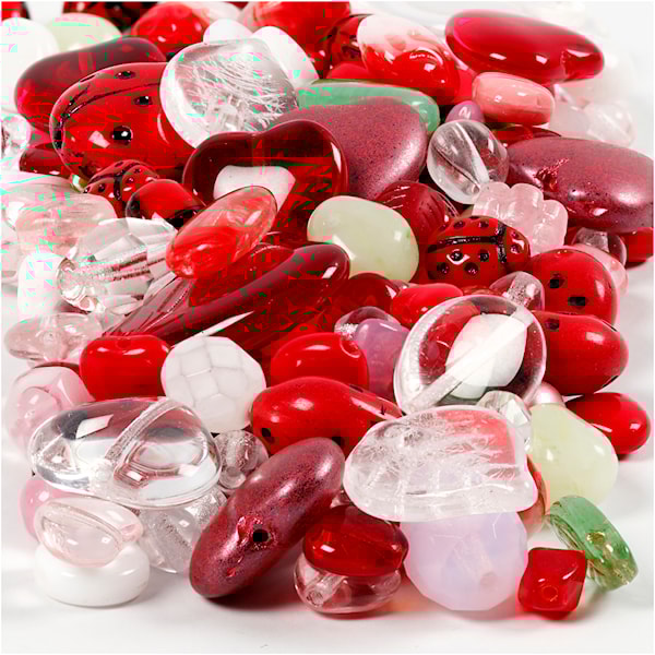 Glassperler, mariehøner, blad, hjerter, dia. 5-22 mm, hullstr. 0,5-1,5 mm, ass. farger, 350 g/ 1 pk.